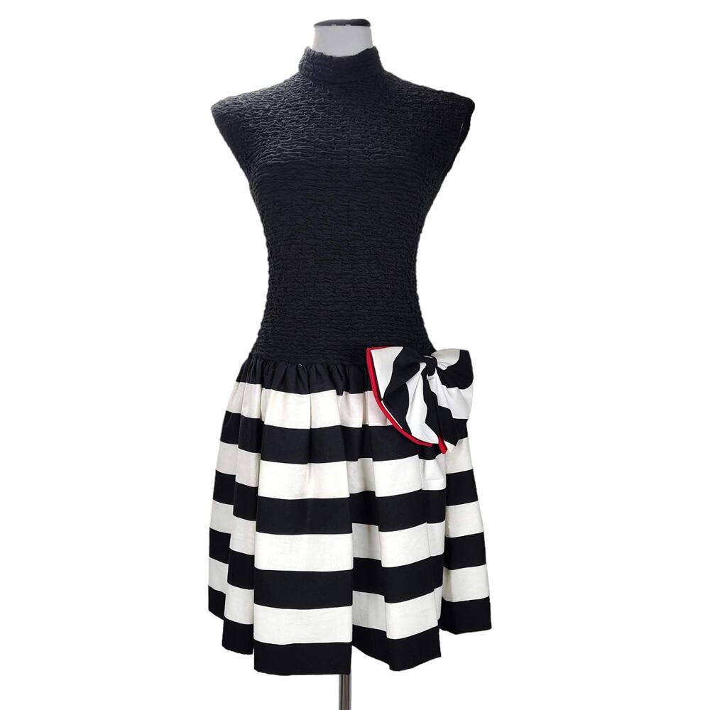 Vintage 80s Huey Waltzer Darcy Party Dress Size S Striped Drop Waist Full Skirt
